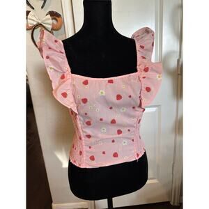 No Frills Los Angeles Strawberry Ruffle Cottagecore Coquette Crop Top M